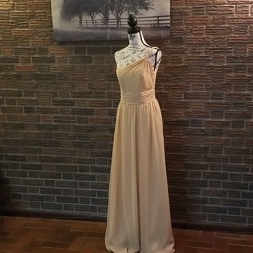 Alfred Angelo long one shoulder gold dress
